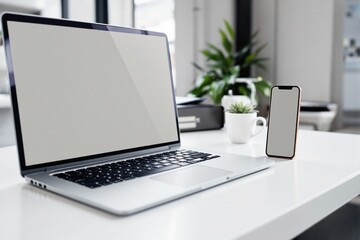 Poster - Laptop and smartphone mockup on a clean white desk with blurred office background.