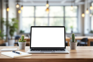 Wall Mural - Blank laptop screen with cacti on wooden desk in modern office space.