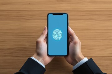 Aufkleber - Businessperson holding smartphone displaying fingerprint security icon on wooden background.