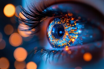 Aufkleber - Close-up of a futuristic eye with glowing digital patterns and vibrant bokeh effect in the background.