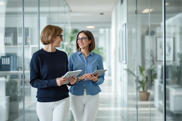 Poster - Two professionals walking in a modern office hallway, holding tablets, smiling, and conversing.