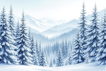 Poster - Snow-covered pine forest with mountain peaks in a serene winter landscape.