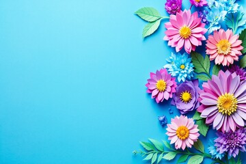 Poster - Colorful paper flowers arranged on a clean blue background.