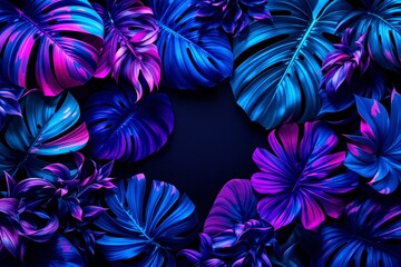 Aufkleber - Vibrant tropical leaves in neon hues of blue and purple on a dark background.