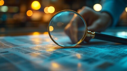 Fototapete - Close-up of a magnifying glass over a newspaper, highlighting its fine print, creating a sense of investigation and scrutiny under a warm, blurred light