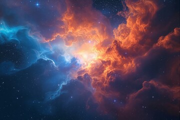 Poster - Abstract cosmic scene of vibrant orange and blue clouds in outer space, illuminated by stars.