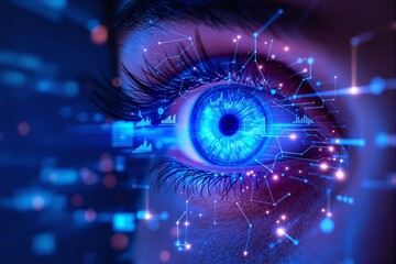 Poster - Close-up of a human eye with futuristic digital elements and glowing blue light on dark background. Concept of technology and innovation.