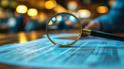 Aufkleber - Close up of a magnifying glass over documents suggesting careful examination or analysis with a golden bokeh backdrop