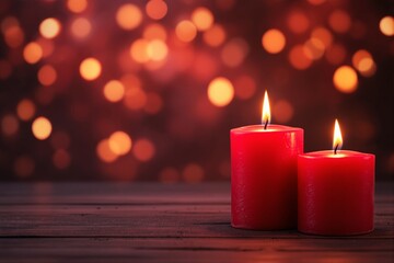Poster - Two red candles with flames on wooden surface.