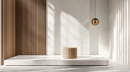 White wood podium with bronze pendant photorealism minimalism