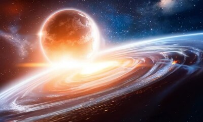 stunning cosmic scene featuring a fiery orange planet emerging over a glowing spiral galaxy, surroun