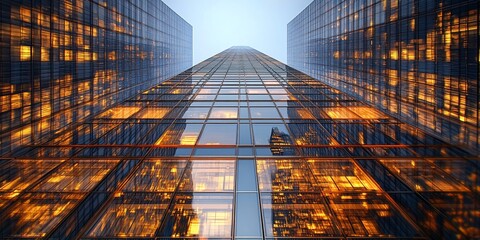 Wall Mural - City skyscraper at dusk, glowing windows, urban background, business concept