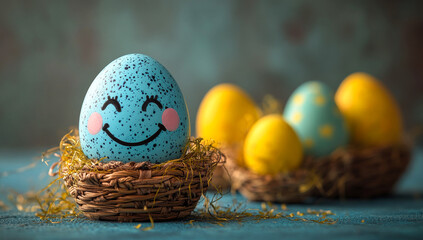 Wall Mural - A blue egg with a smiley face is sitting in a basket. There are other eggs in baskets around it