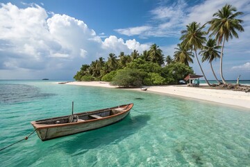 Wall Mural - Serene Island Escape: Small Boat on Calm Ocean Waters