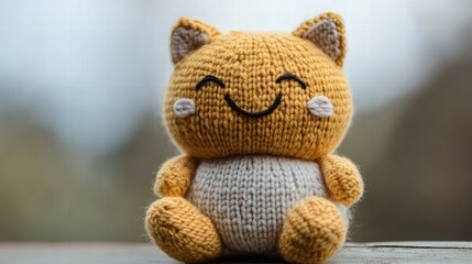 Fototapete - Cute knitted cat toy with happy expression set against a blurred outdoor background during daylight. Generative AI