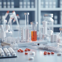 Poster - Laboratory setup featuring glassware, syringes, and pharmaceutical products during a research experiment. Generative AI