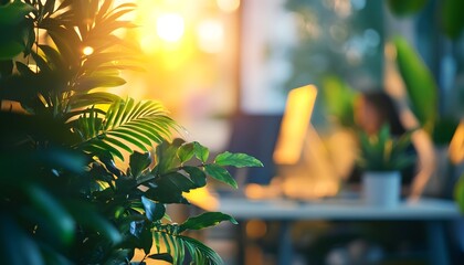 Poster - Vibrant office interior with lush green plants and warm sunlight filtering through windows, creating a serene and productive work environment for a focused individual
