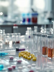 Poster - Laboratory research with test tubes, syringes, and assorted pills on a table during daylight hours. Generative AI