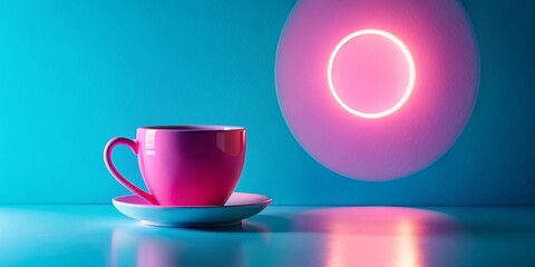 Wall Mural - Serene Pink Cup Silhouette Minimalist Table Blue Neon Background Stock Photo