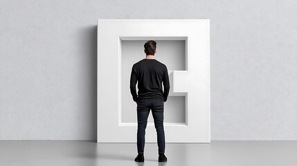 Poster - Minimalist Design with Man Standing Before White Typography Wall