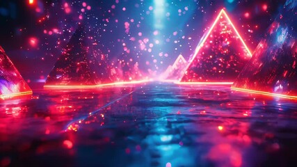 Poster - Futuristic neon pyramids with glowing red and blue lights in a vibrant sci-fi setting, evoking a sense of modern technology and abstract art