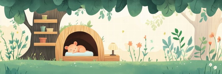 Poster - Cute mouse sleeping peacefully in cozy wooden house surrounded by flowers and trees in a serene forest scene. Generative AI