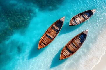 Wall Mural - Three Wooden Boats Float on Calm Turquoise Water