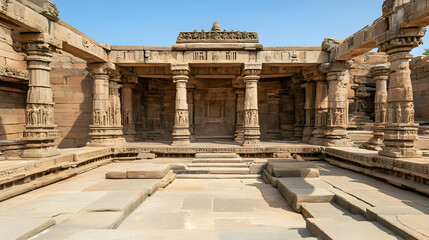 Wall Mural - Ancient Indian sandstone temple courtyard, intricate carvings, sunny day, historical architecture, travel photography