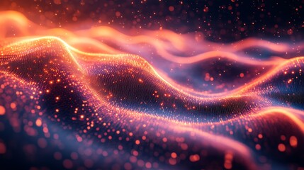 Poster - Abstract Glowing Particles Flowing in Wavy Formations with Warm and Cool Light Transition
