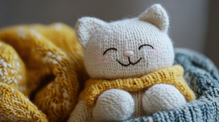 Poster - Knitted white cat plush toy smiling while wrapped in a cozy yellow blanket and sitting on a soft green scarf. Generative AI