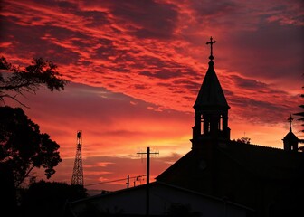 Wall Mural - Silhouette of Church at Sunset, Low Light Dramatic Landscape Photography