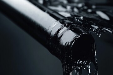 Poster - Liquid flowing from a shiny pipe in a dark setting showcasing smooth textures and reflections. Generative AI