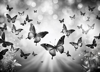 Wall Mural - Silhouette of Flying Butterflies on White Sheet - Elegant Black and White Pencil Drawing Stock Photo