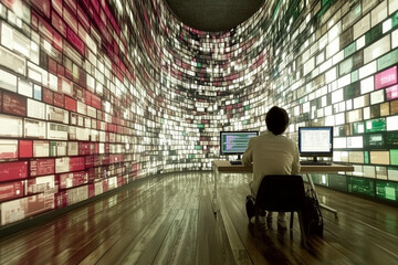 Wall Mural - a male it professional with their back to the viewer observing the large amount of computer monitors