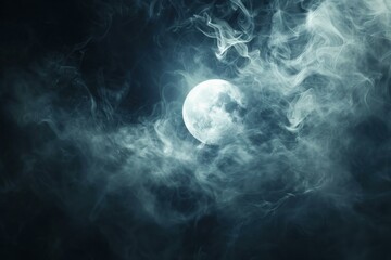 Wall Mural - Spooky full moon surrounded by smoke and clouds creating a mysterious atmosphere