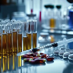 Poster - Medical lab equipment with test tubes, syringes, and various pills during a research process. Generative AI