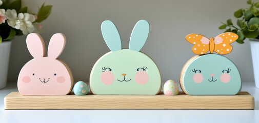 Wall Mural - Three wooden rabbits with faces and a bow tie are sitting on a wooden shelf. The rabbits are holding eggs in their mouths, and the shelf is decorated with flowers. Concept of playfulness and joy