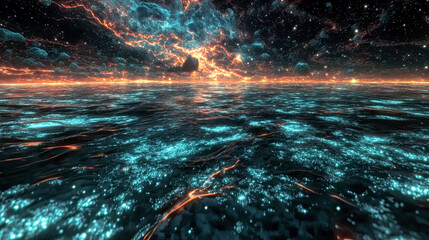 Poster - Glowing Ocean Waves Shimmer Under a Starry Sky in an Enchanting Coastal Realm