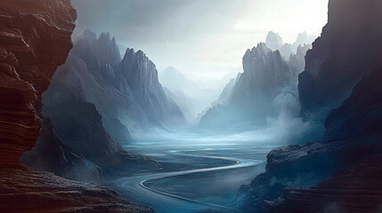Poster - Winding Road Through Misty Valleys and Towering Mountains During Early Morning Light