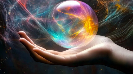 Poster - ethereal hand reaches into the mystic void holding a glowing orb of colorful energy flows