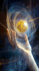 Poster - Ethereal Hand Approaches a Glowing Orb in a Dark Mystical Void of Colorful Energy Flows