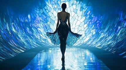 Wall Mural - Elegant woman, blue dress, runway, mosaic backdrop, fashion show