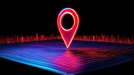 Poster - Glowing Locator Pin Symbol Illuminated by Dynamic Orange and Blue Light in a Futuristic Landscape