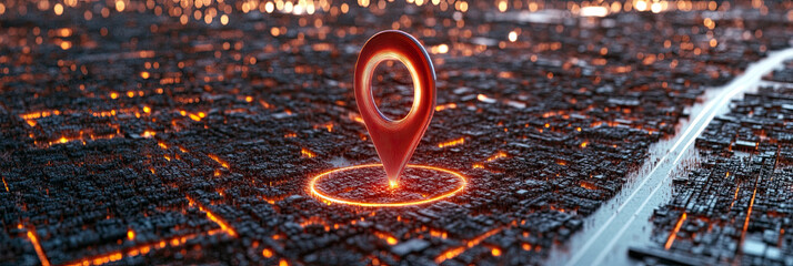 Poster - Glowing Locator Pin Symbol Designed From Dynamic Orange and Blue Light Lines in the City at Night