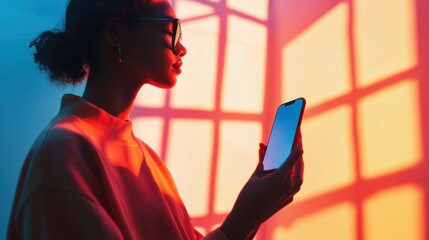 Poster - Woman holding smartphone while admiring colorful light patterns in modern urban setting during evening hours. Generative AI