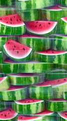 Poster - Perfectly Cut Watermelon Slices Stacked High in Vibrant Colors and Textures