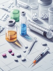 Poster - Exploring pharmaceutical preparations on a sterile work surface with various liquids and tablets. Generative AI