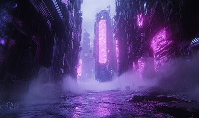 Wall Mural - Futuristic city alley, purple glow, foggy, cyberpunk, sci-fi background