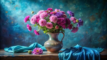 Wall Mural - Still Life Photography: Vase of Flowers on Blue Tablecloth - Vibrant Floral Arrangement