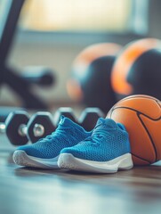 Poster - Bright blue sports shoes sit beside a basketball and weights in a well lit gym setting. Generative AI